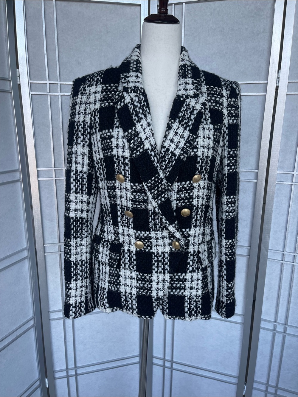 L’AGENCE Double-Breasted Black & White Plaid Tweed Kenzie Blazer Sz 8